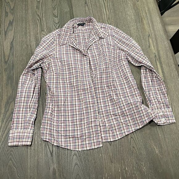 Lands End Girls Pink Blue Plaid Button Front Long Sleeve Shirt Size 14-16 - Picture 1 of 4